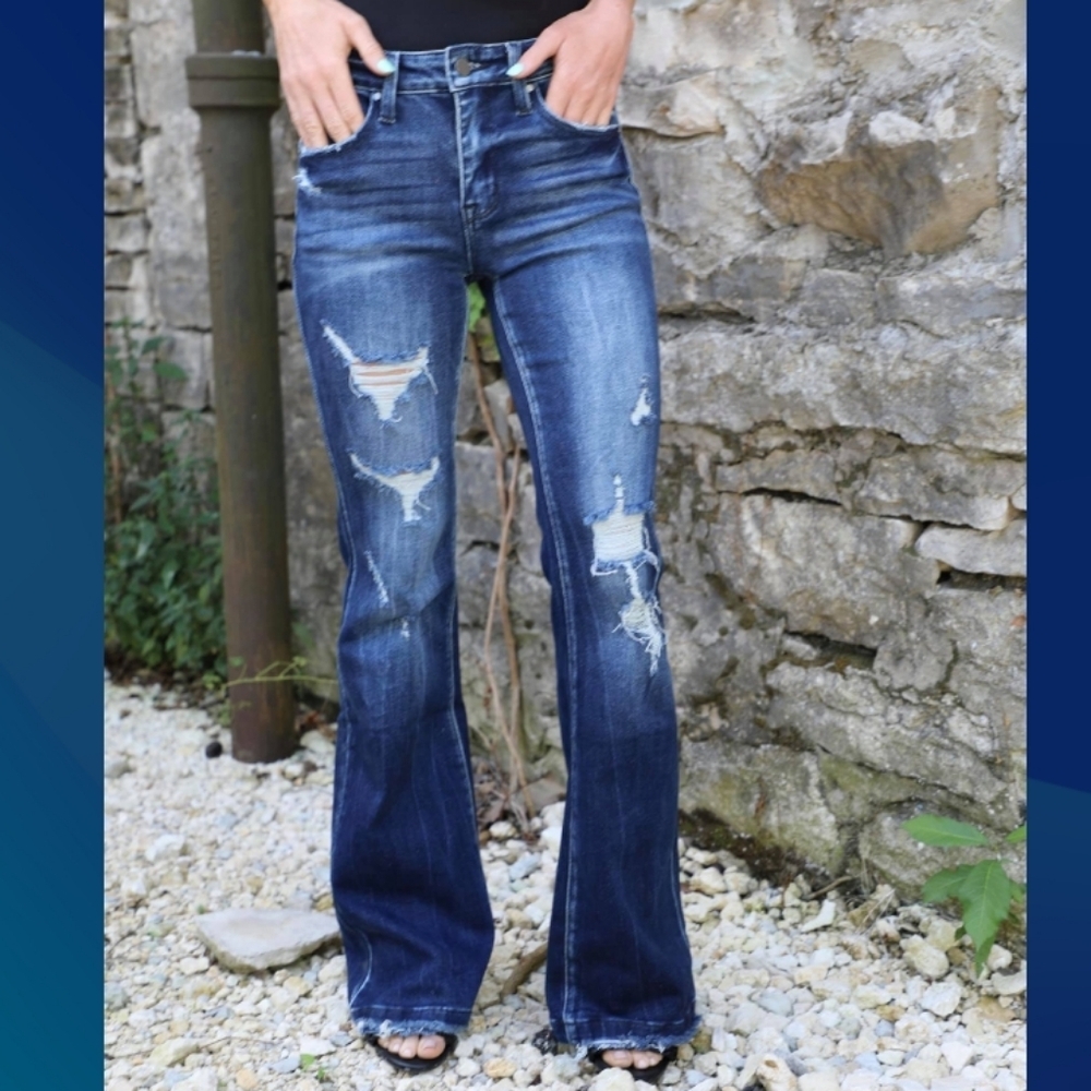 Petra 153 (Size 20W) Dark Blue Wash Distressed Denim Stretch Flare Leg Jeans